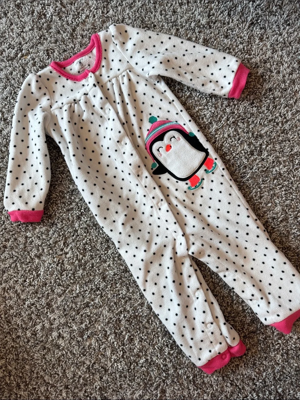 Carter's White Polka Dot Penguin One-Piece Pajamas with Pink Trim